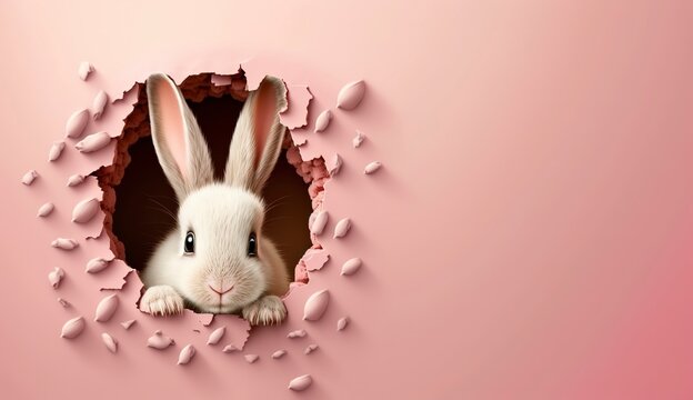 Bunny peeking out of a hole in pink wall background, fluffy cute eared bunny easter bunny banner, rabbit jump out torn hole