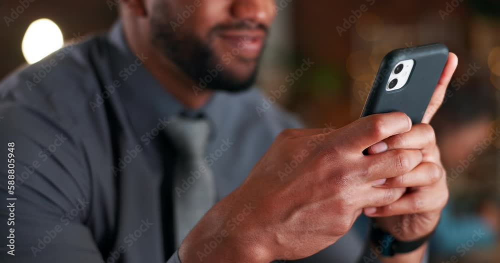 Aufkleber businessman, hands and phone at night for social media, communication or chatting at the office. han
