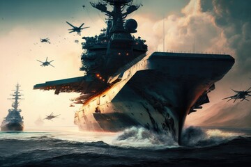 Panoramic view of a generic military aircraft carrier ship with fighter jets taking off during a special operation at a warzone. Generative AI.