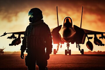 Sunset backlit view of military fighter jet pilot beside parked military airforce plane next to barracks or hangar. Generative AI. - obrazy, fototapety, plakaty