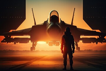 Sunset backlit view of military fighter jet pilot beside parked military airforce plane next to barracks or hangar. Generative AI.