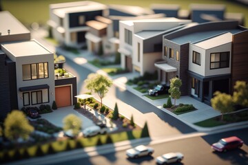 Modern generic contemporary style miniature model of townhouse neighborhood. Generative AI.