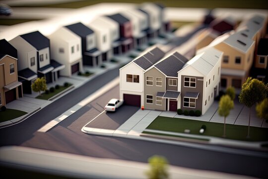 Modern generic contemporary style miniature model of townhouse neighborhood. Generative AI.