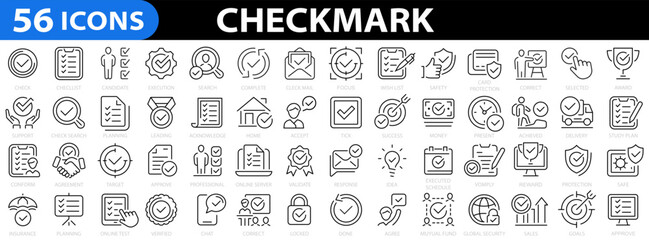Checkmark 56 line icon set. Approve icons for web and mobile app. Accept, agree, selected, confirm, approve, correct, complete, checklist and more. Vector illustration