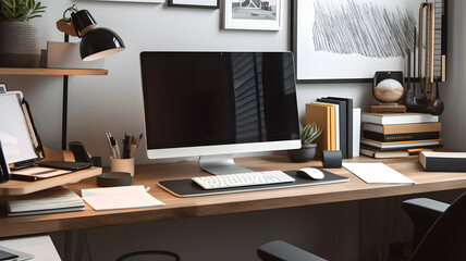  A well-organized and productive home office space with a focus on the desk, computer, and office accessories. 