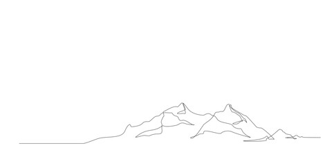 Continuous line drawing of mountain range landscape background. One single line drawing of mountain panoramic view. Line art style illustration of nature. Vector simple linear style. Doodle, handdrawn