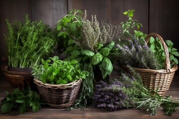 Fototapeta na wymiar Freshly Harvested Herbs in Wicker Baskets Mint Basil Sage Lavender Rosemary 