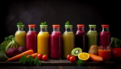 Fototapeta na wymiar Organic Fruit and Vegetable Juices Smoothies in Glass Bottles 