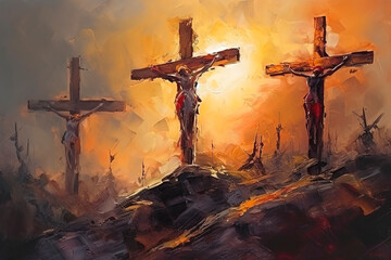 Calvary's Three Crosses: A Serene Landscape Illustrating the Place Where Jesus Christ Gave His Life for Humanity created with Generative AI technology