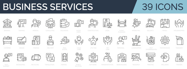 Fototapeta na wymiar 39 line icons related to business services. Outline icon collection. Editable stroke. Vector illustration