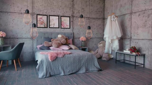 Girly bedroom interior design with gray tone and elegance pink. Modern luxury bedroom interior.
