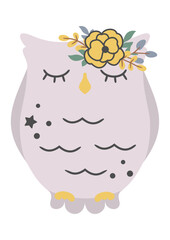 Cute pink owl with flowers on her head, vector cartoon illustration