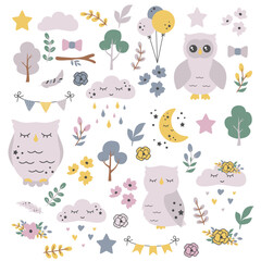 Set with owls, trees, flowers, leaves, balloons. Vector illustration. Cartoon