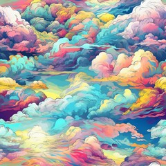 Seamless pattern of magnificent and realistic calming clouds, in beautiful colors that are welcoming, sunny, and bright. AI generation