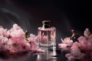 Stylish pink perfume bottle stands on reflective surface with branches of cherry blossoms blooming pink  created with Generative AI