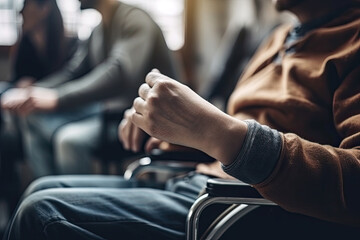 Disabled man sitting in a wheelchair is a full-fledged participant at a meeting in the office, created with Generative AI