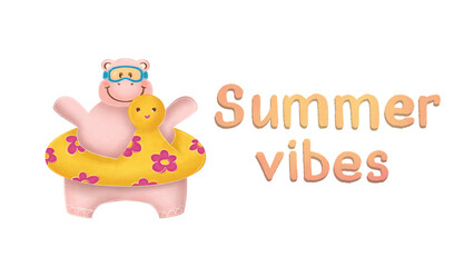 Fototapeta premium Summer sea postcard with cartoon hippo in an inflatable circle and text 