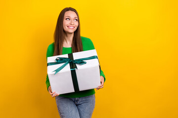 Portrait of cheerful cute person hands hold giftbox look empty space ad isolated on yellow color...