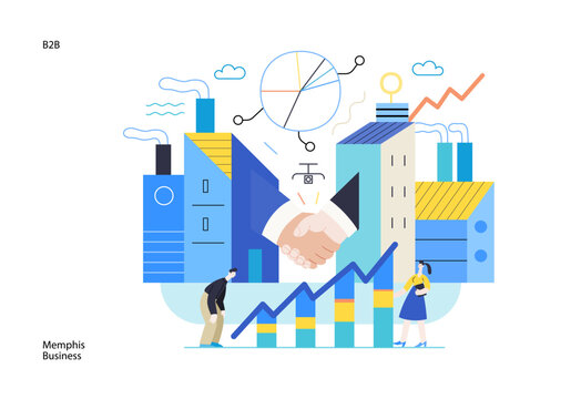 Memphis business illustration. B2B -modern flat vector concept illustration of handshaking partners, industrial buildings and chart with managers. Corporate business partnership metaphor.