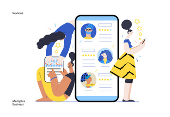 Memphis business illustration. Reviews -modern flat vector concept illustration of people rating articles and writing reviews. Corporate business reputation metaphor.