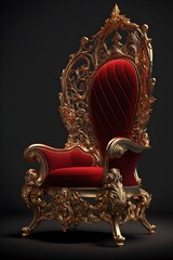 Classic gold baroque armchair isolated on black background.Digital Illustration. Red and gold.3d rendering