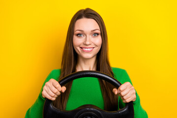 Photo of cheerful gorgeous lady beaming smile arms hold wheel isolated on yellow color background