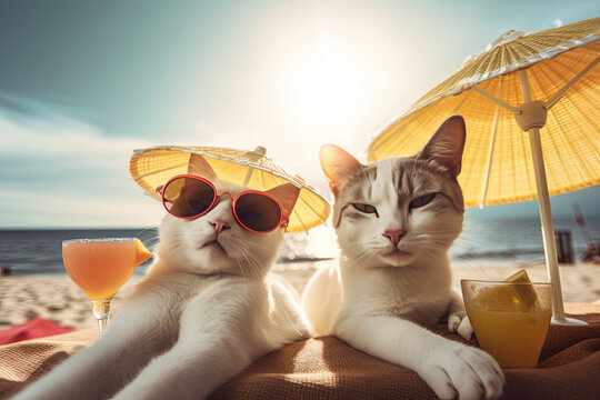 Family couple of white cats relaxing on the beach with cocktails. Generative AI