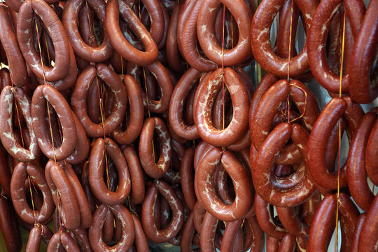 sausages ( turkish sucuk) on hangers in the market, sucuk lar askıda     