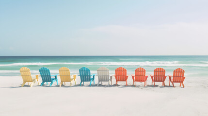 Colorful chairs on a beach, ocean view,  Generative AI