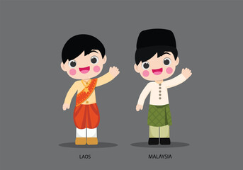 Obraz na płótnie Canvas Laos and Malaysia in national dress vector illustrationa