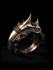 A bronze and silver ring turning in the shape of a dragon claw. Gothic art. AI generation.