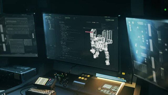 Entering multiple programming scripts into the computer software. Computer programming technology running scripts. Creating robot model animation using complex scripts in the computer program. Data.