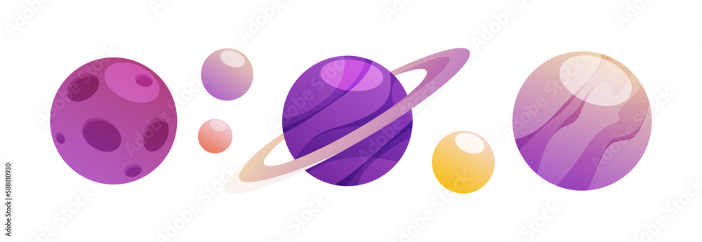 Poster Planets and asteroids, isolated celestial bodies in row. Globe and spheres from galaxy or universe. Metaverse environment. Vector in flat cartoon illustration