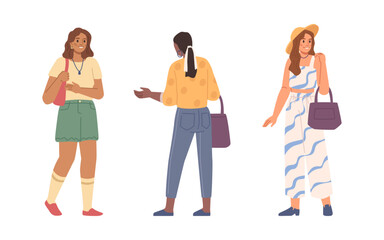 Fototapeta premium Women wearing stylish clothes walking and strolling. Isolated female characters with fashionable apparels and accessories. Vector in flat cartoon illustration