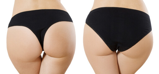 Types of panties. Back rear view. Closeup Women set of different black underwear with blank...