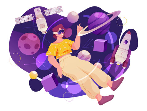 Metaverse interaction and virtual reality. User experience, woman in space wearing vr glasses and floating with planets. Vector person from outer space in flat cartoon illustration