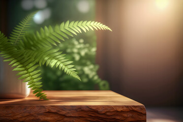 Fototapeta na wymiar Wooden table with fern plant on blurred bathroom interior background. Scene stage showcase for beauty and spa products, cosmetics, promotion sale or advertising. Front view, copy space. Generative ai