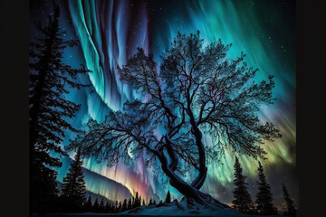 Big silhouette tree and the Aurora Borealis in all natural beauty. full scope of colorful display in night sky. surreal and dream like, with focus on the swirling colors and patterns with stars. Ai .