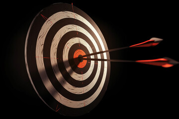 Alvo de tiro com arco em que uma flecha atinge o centro em um tiro perfeito