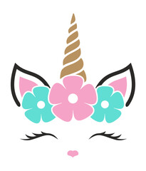 Unicorn face with flowers. Vector illustration. 