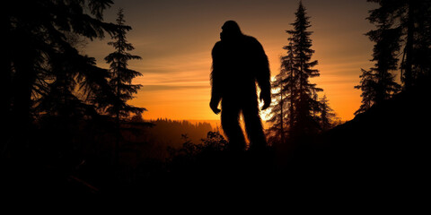Fototapeta na wymiar Bigfoot silhouette at sunset. Generative AI