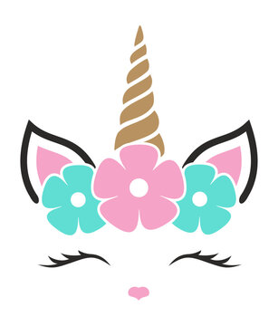 Unicorn face with flowers. Vector illustration. 