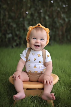Retrato de beb&ecirc; de 6 meses com roupa tem&aacute;tica de le&atilde;o, fundo de grava&ccedil;&atilde;o