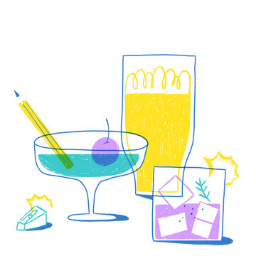 A group of drinks and cocktails with a twist: artistic tools are mixed with them, for a creative Drink & Draw