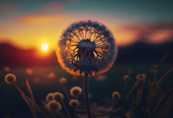 Dandelion In Field At Sunset.illustration. AI generative.