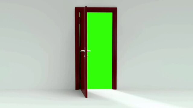 door open the green screen,  Classic design door opening to green screen, chroma key, Door Open with portal on concrete floor with light effect and Green Screen.