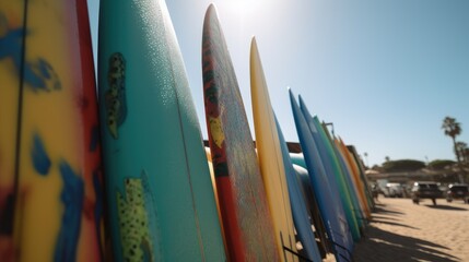 The colors of the ocean: A collection of surfboards on a sandy beach, AI generative
