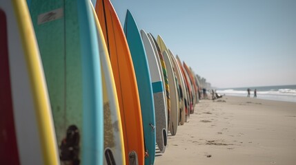 Surf's up, colors abound: A lineup of colorful surfboards on a sunny day
