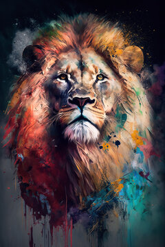 Conceito de pintura abstrata. retrato de arte colorida leão poderoso 