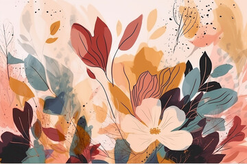 Abstract floral art background vector. Botanical watercolor hand drawn flowers paint brush line art. Design